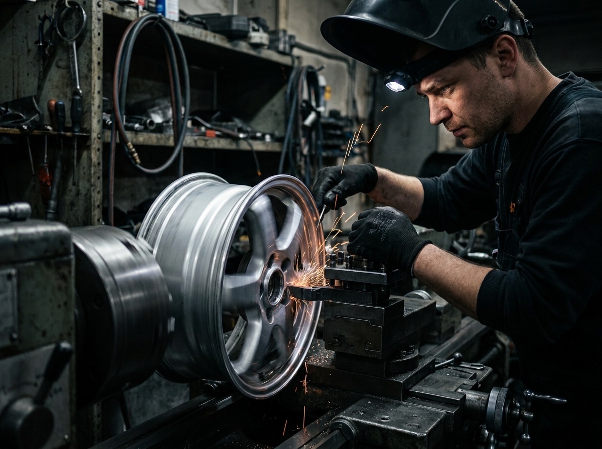 A Dr Wheel technician machining an alloy wheel on a lathe, sparks flying as the face is recut