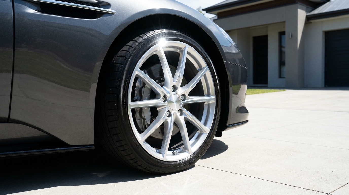 A freshly restored silver alloy wheel gleaming on a dark grey sports car